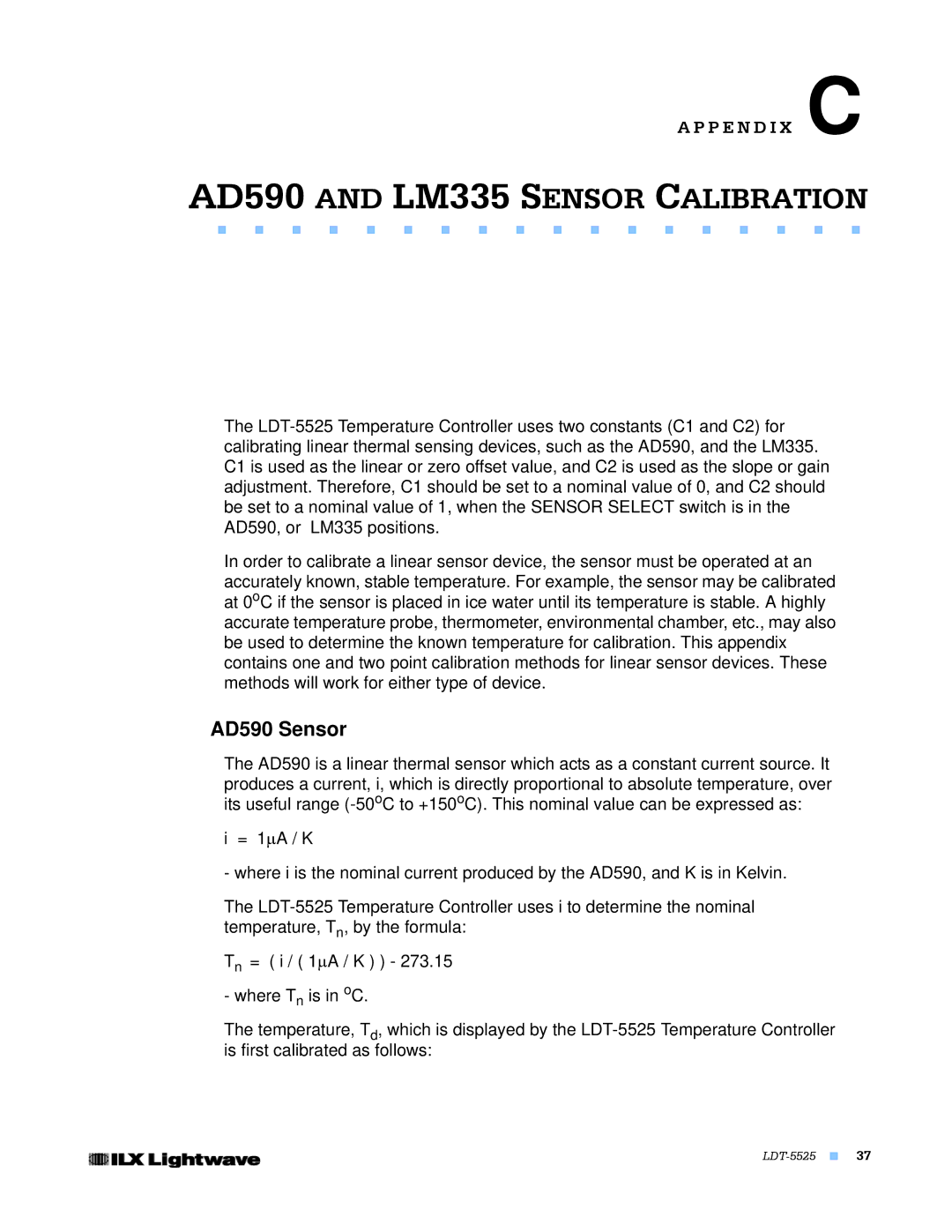 Lightwave Communications LDT-5525 manual AD590 and LM335 Sensor Calibration, AD590 Sensor 