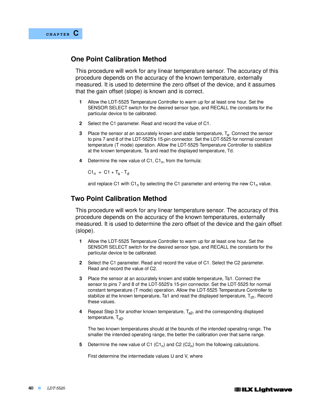 Lightwave Communications LDT-5525 manual One Point Calibration Method, Two Point Calibration Method 