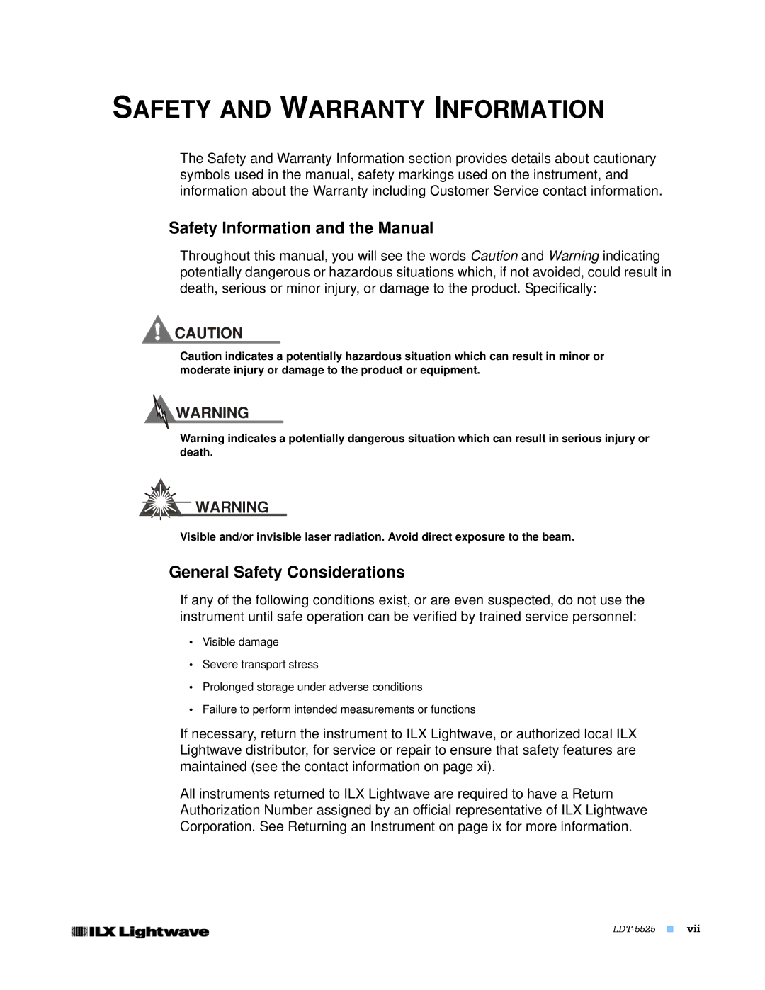 Lightwave Communications LDT-5525 manual Safety Information and the Manual, General Safety Considerations 