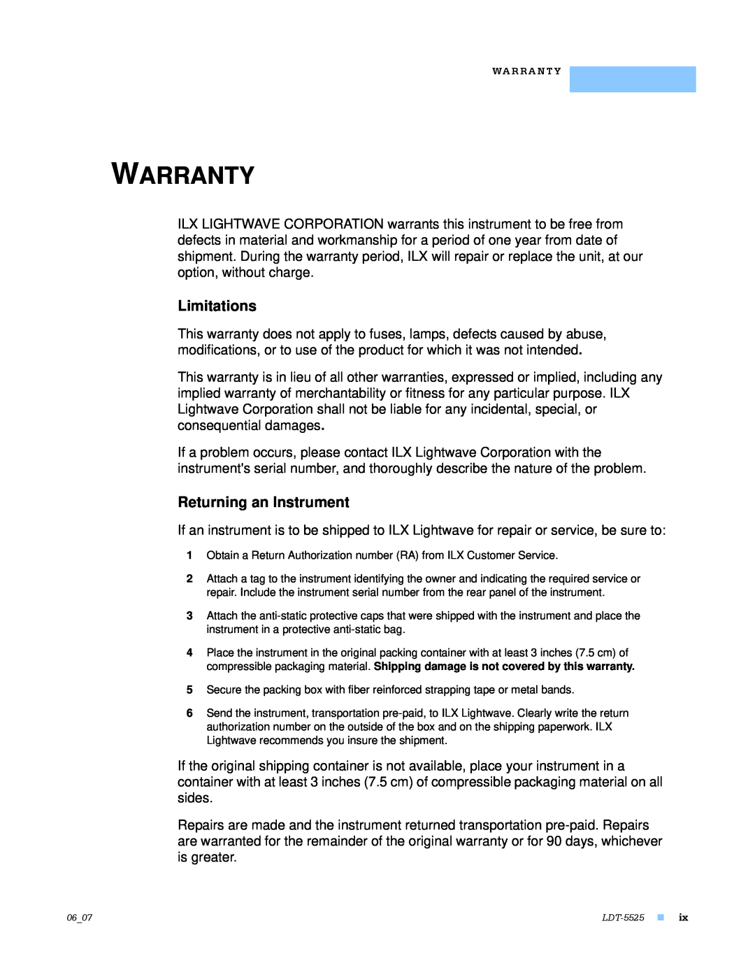 Lightwave Communications LDT-5525 manual Warranty, Limitations, Returning an Instrument 
