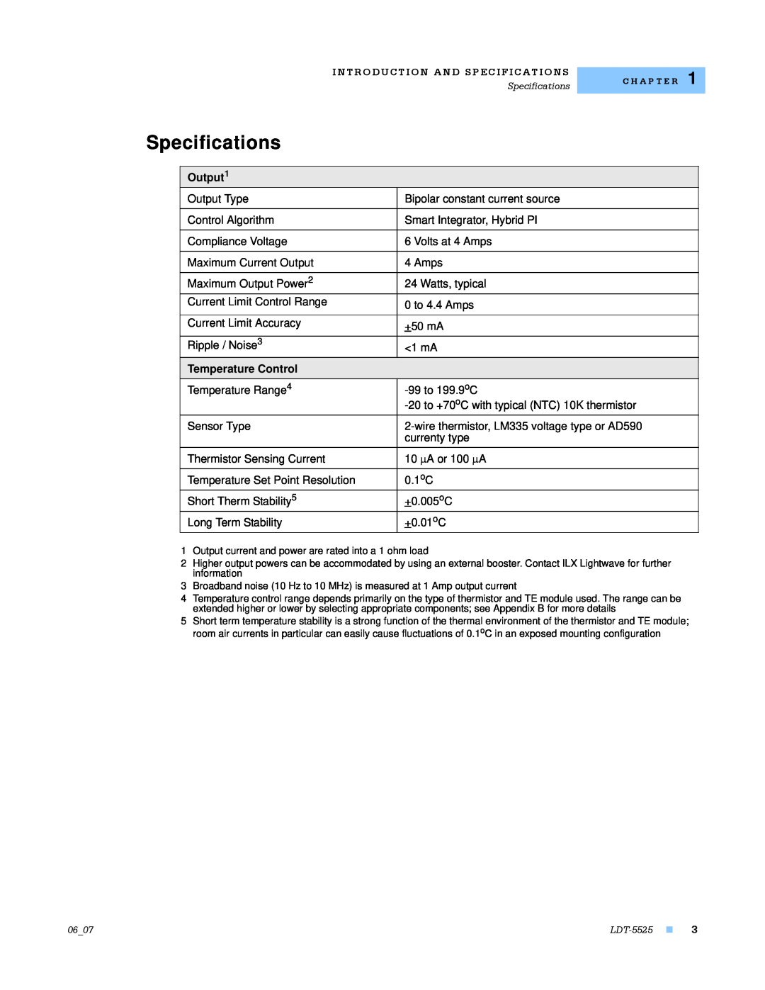 Lightwave Communications LDT-5525 manual Specifications, Output1, Temperature Control 