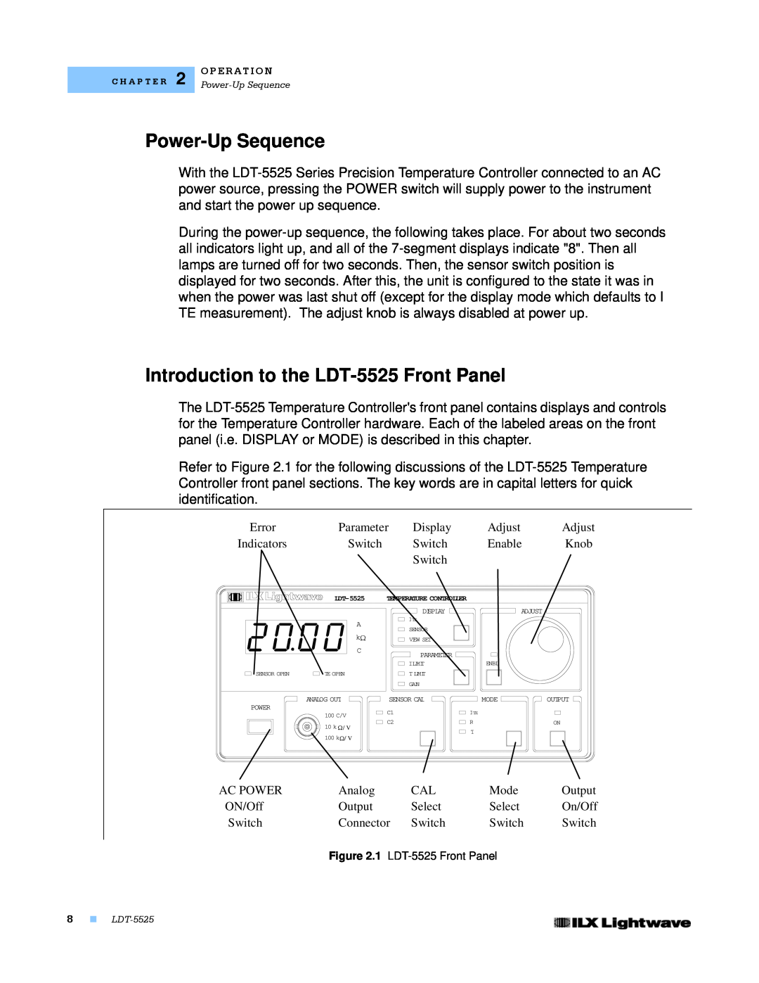 Lightwave Communications manual Power-Up Sequence, Introduction to the LDT-5525 Front Panel, 1 LDT-5525 Front Panel 