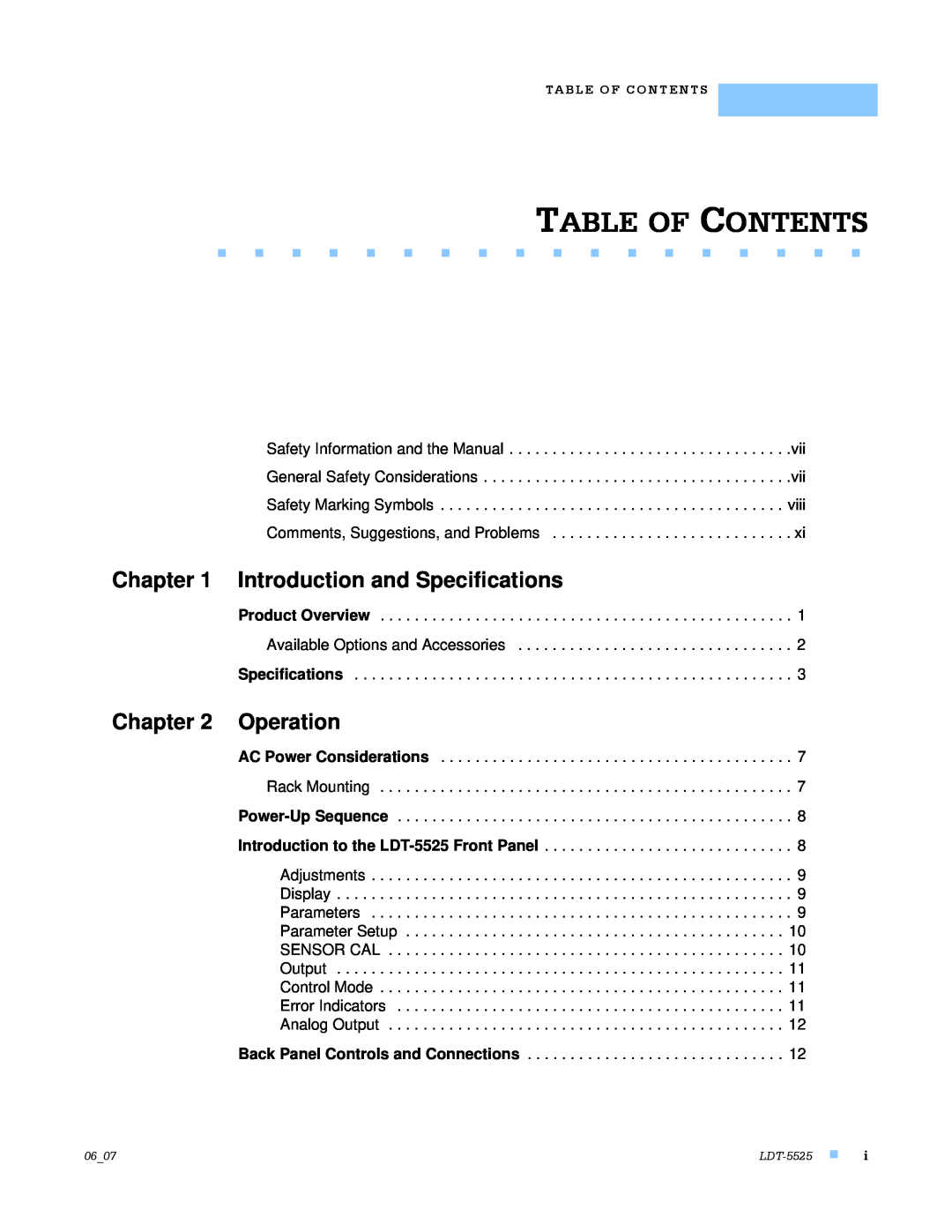 Lightwave Communications LDT-5525 manual Table Of Contents, Introduction and Specifications, Operation 