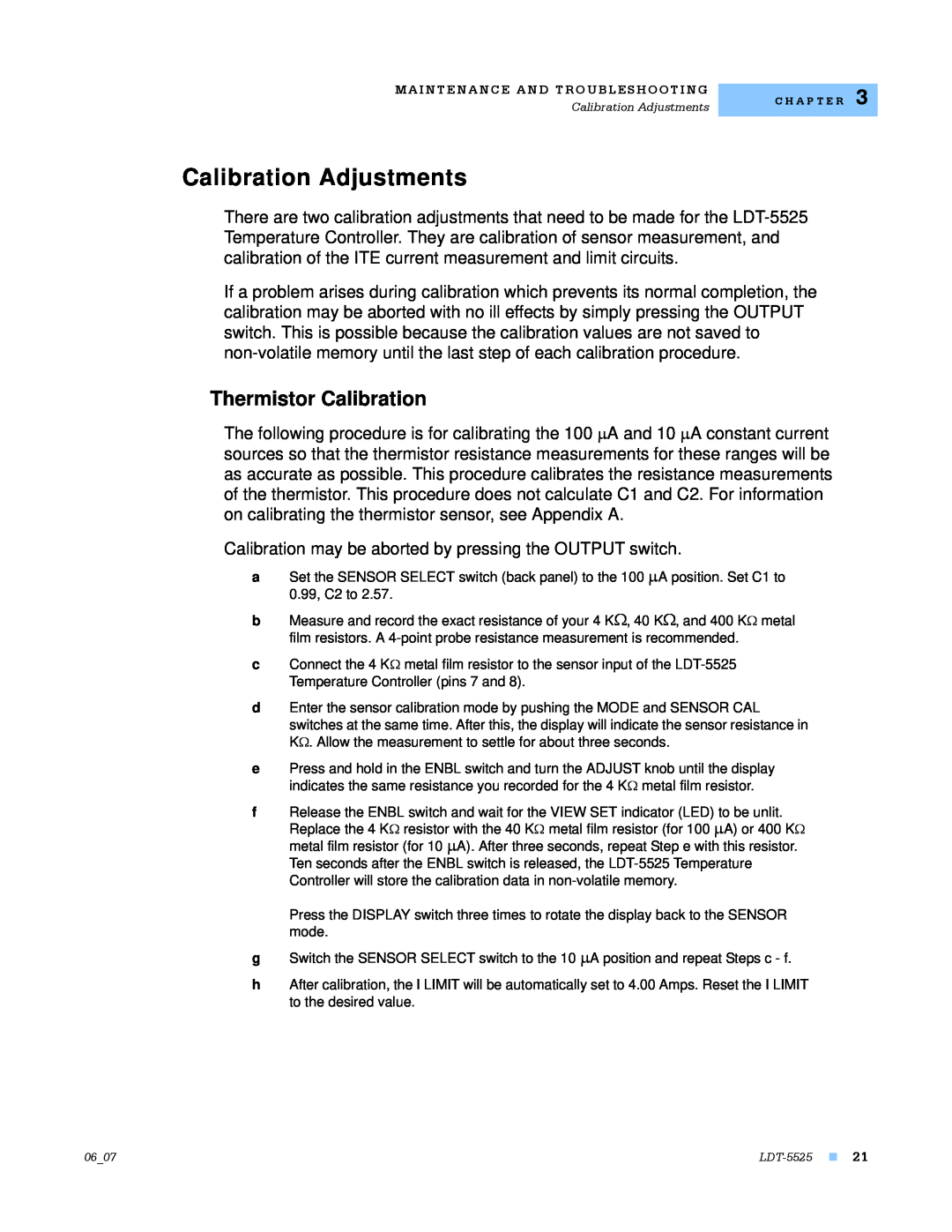 Lightwave Communications LDT-5525 manual Calibration Adjustments, Thermistor Calibration 
