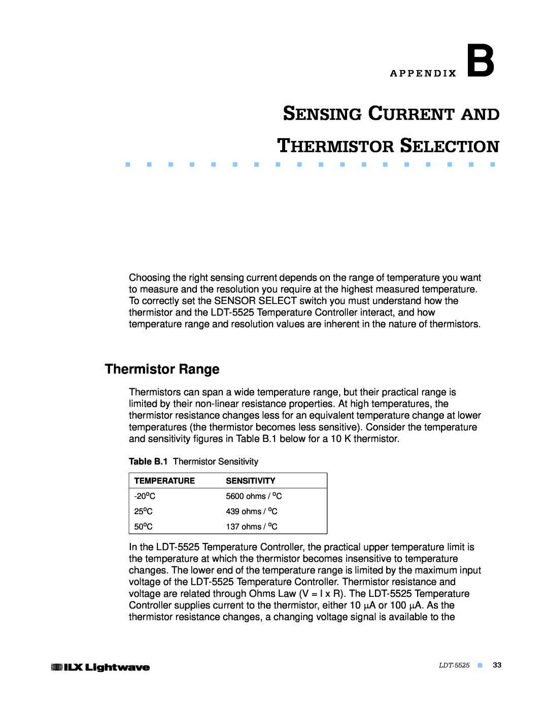 Lightwave Communications LDT-5525 manual Sensing Current And Thermistor Selection, Thermistor Range, A P P E N D I X B 
