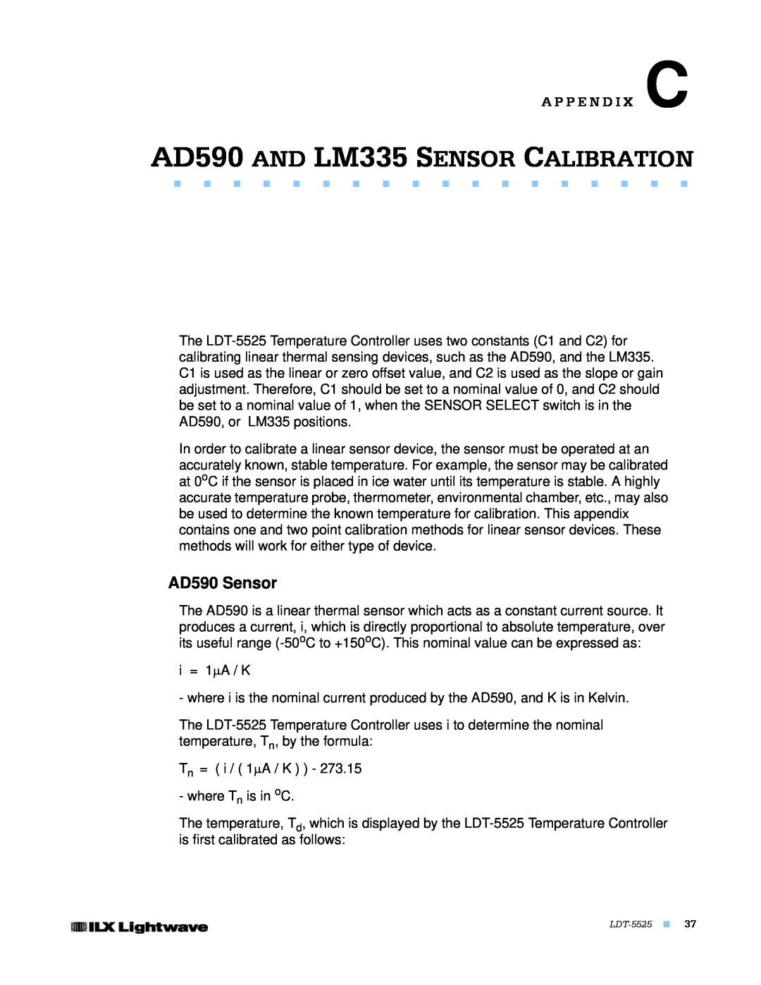 Lightwave Communications LDT-5525 manual AD590 AND LM335 SENSOR CALIBRATION, AD590 Sensor, A P P E N D I X C 