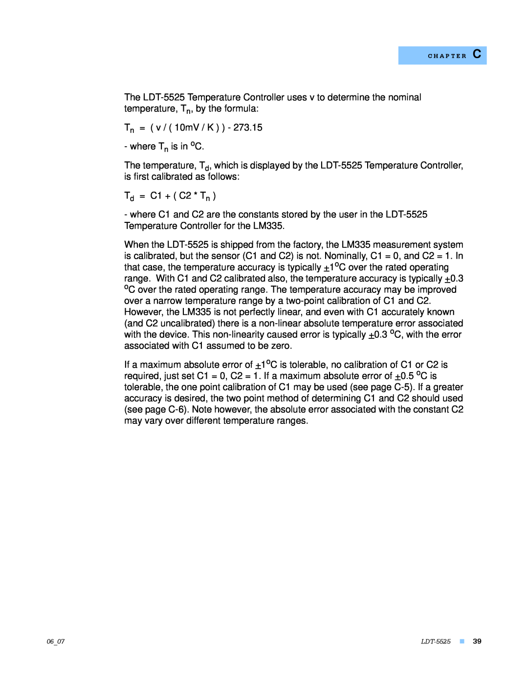 Lightwave Communications LDT-5525 manual Tn = v / 10mV / K - 273.15 - where Tn is in oC 