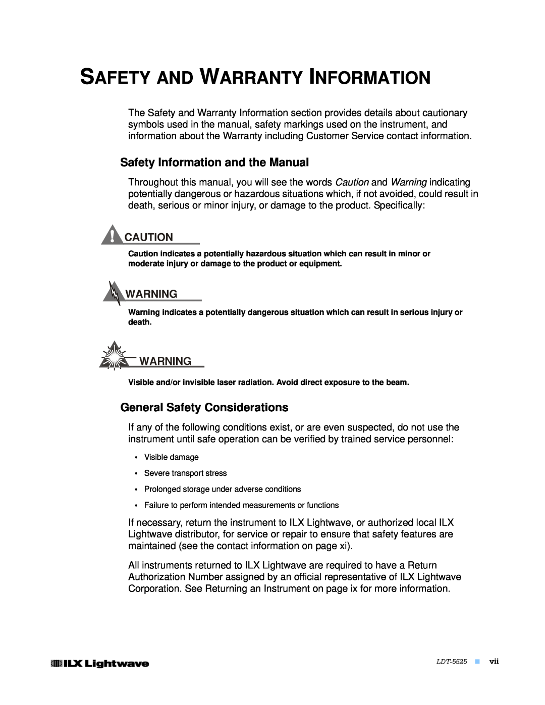 Lightwave Communications LDT-5525 manual Safety And Warranty Information, Safety Information and the Manual 
