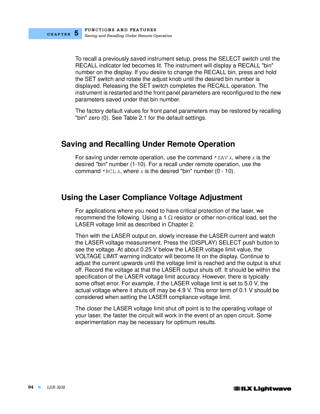 Lightwave Communications LDX-3232 manual Saving and Recalling Under Remote Operation 