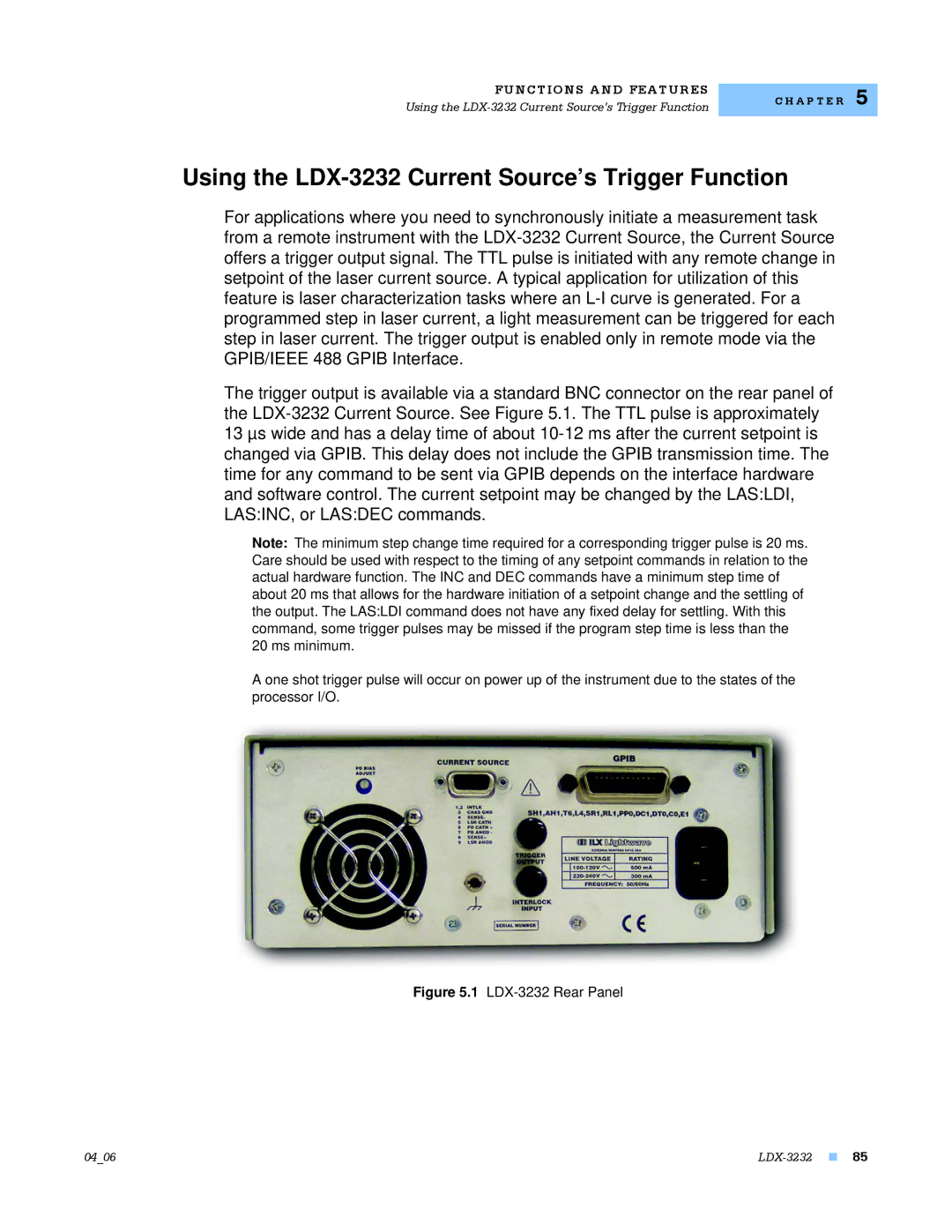 Lightwave Communications manual Using the LDX-3232 Current Source’s Trigger Function, LDX-3232 Rear Panel 