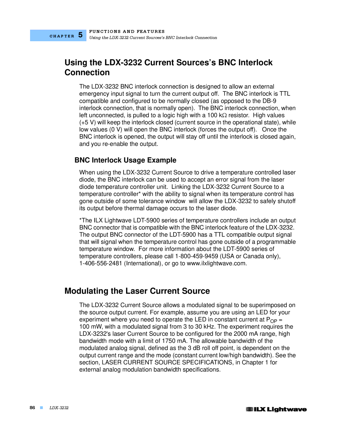 Lightwave Communications LDX-3232 manual Modulating the Laser Current Source, BNC Interlock Usage Example 