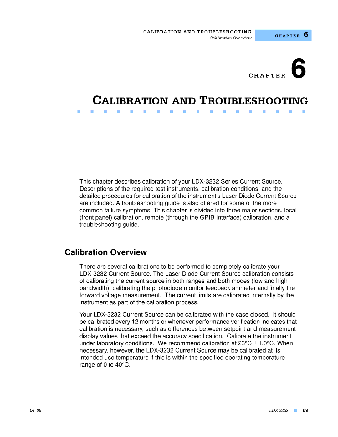 Lightwave Communications LDX-3232 manual Calibration and Troubleshooting, Calibration Overview 