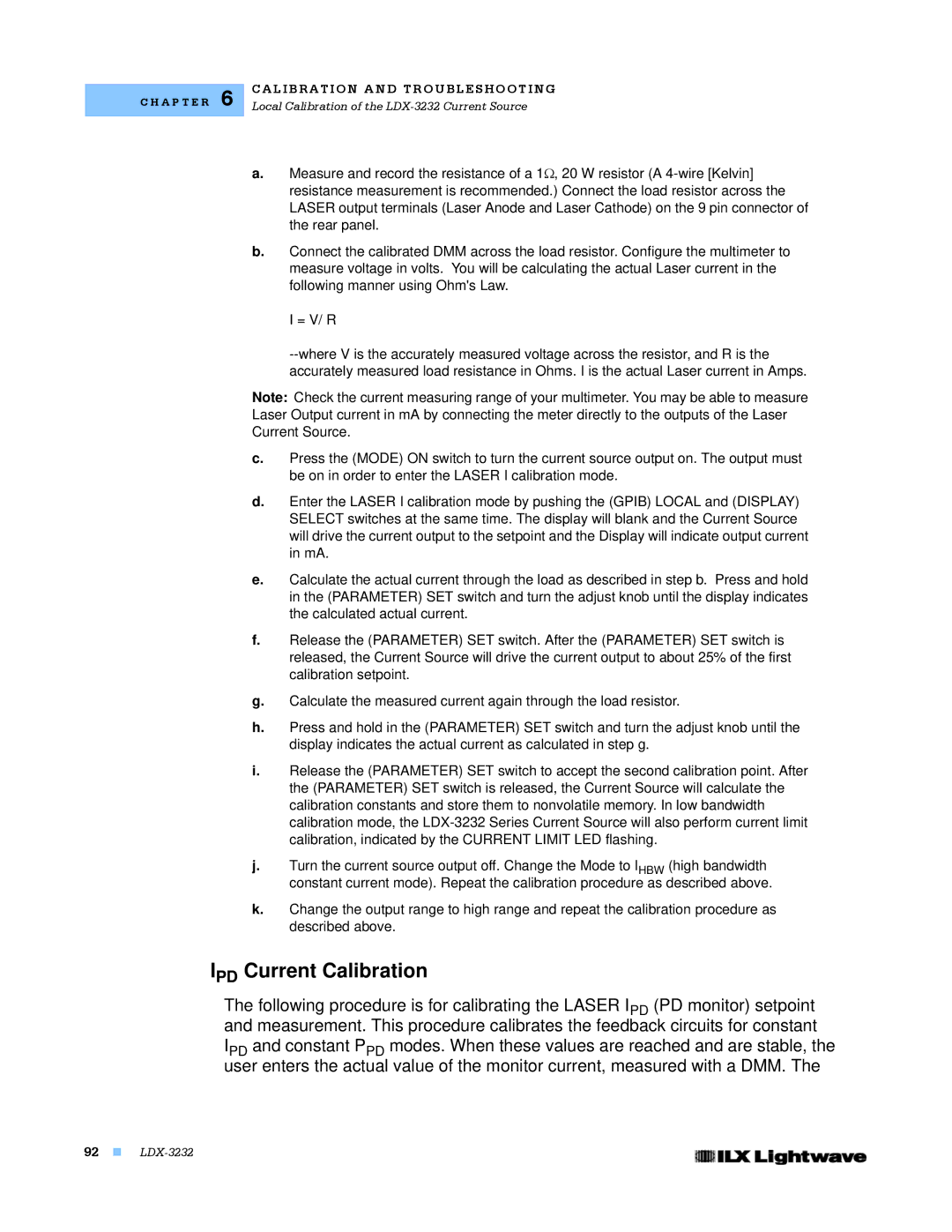 Lightwave Communications LDX-3232 manual IPD Current Calibration 