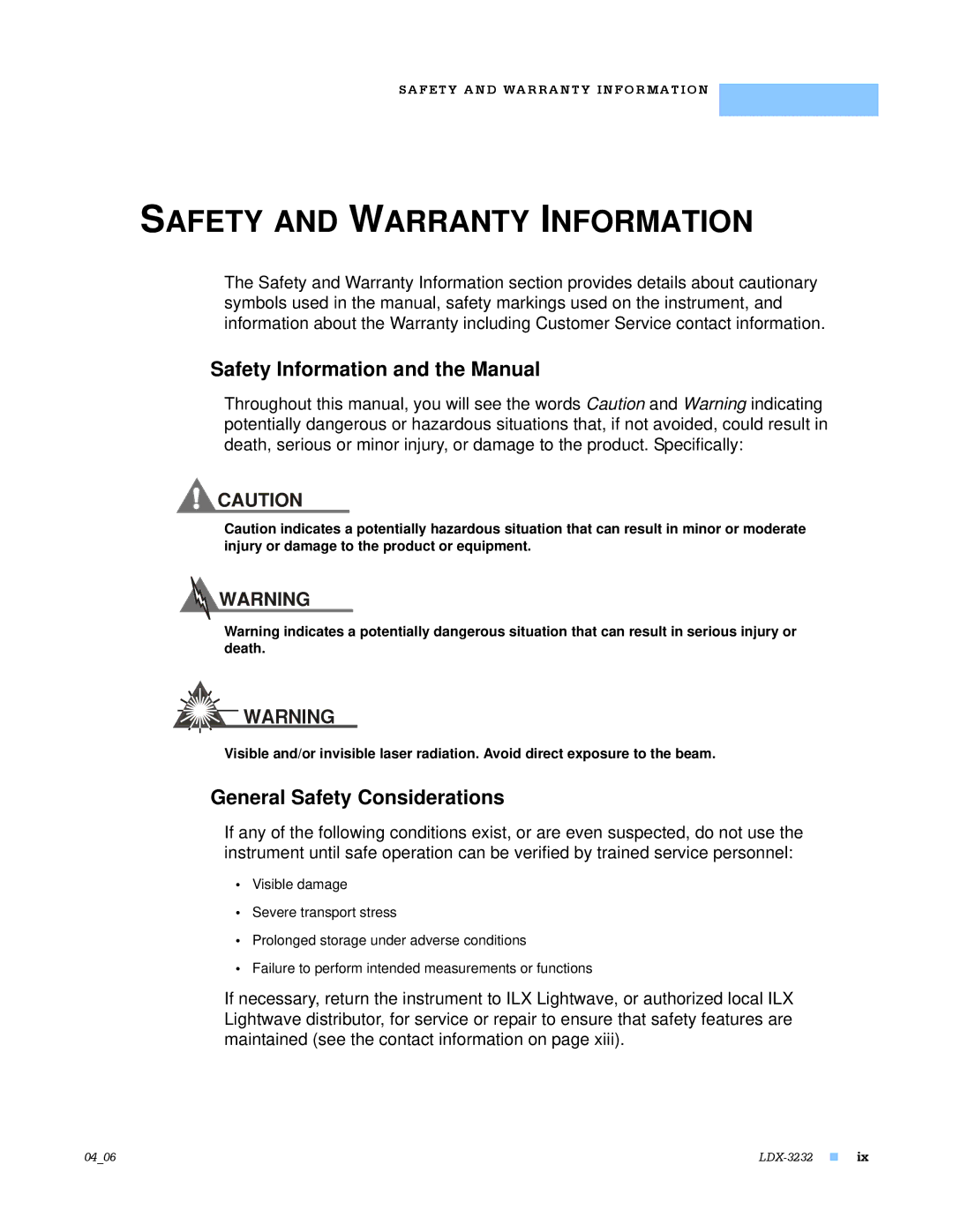 Lightwave Communications LDX-3232 manual Safety Information and the Manual, General Safety Considerations 