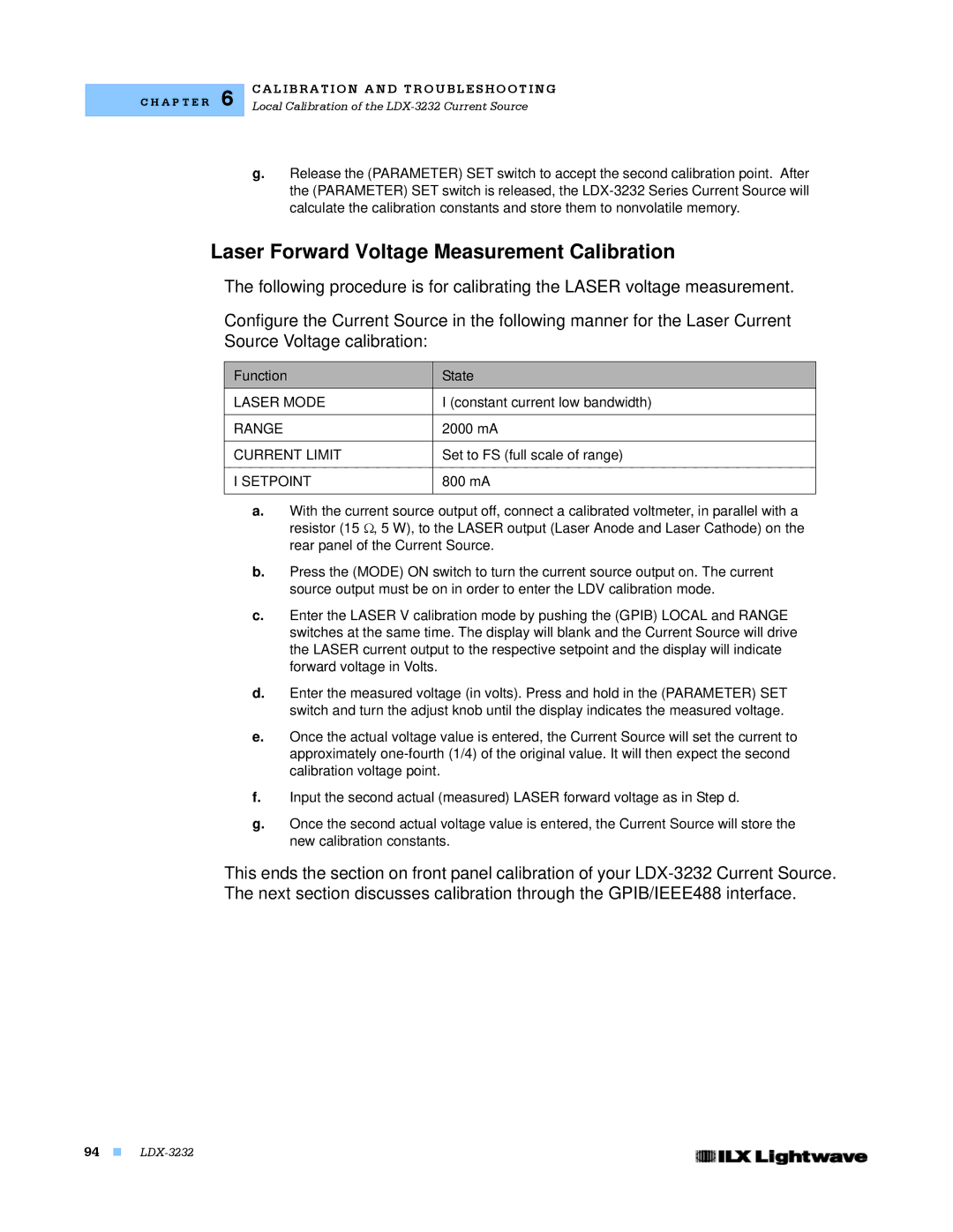 Lightwave Communications LDX-3232 manual Laser Forward Voltage Measurement Calibration, Laser Mode, 2000 mA, 800 mA 