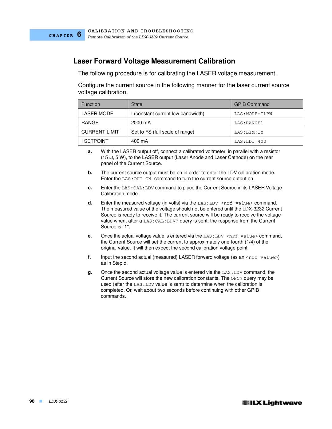 Lightwave Communications LDX-3232 manual Laser Forward Voltage Measurement Calibration, Function State Gpib Command 