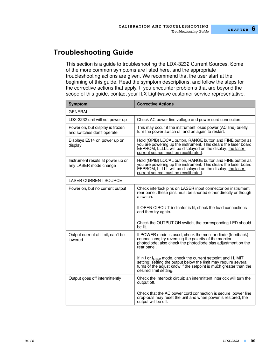 Lightwave Communications LDX-3232 Troubleshooting Guide, General, EEPROM, Lllll will be displayed on the display the laser 