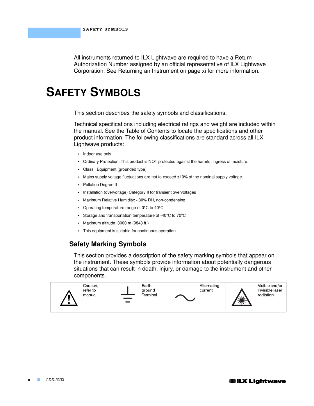 Lightwave Communications LDX-3232 manual Safety Symbols, Safety Marking Symbols 