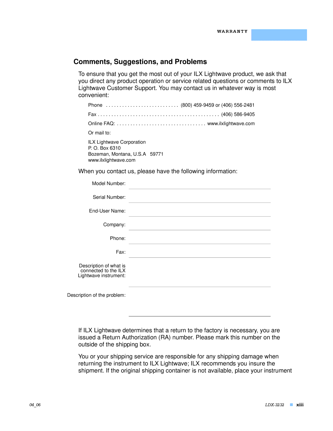 Lightwave Communications LDX-3232 manual Comments, Suggestions, and Problems, Description of the problem 