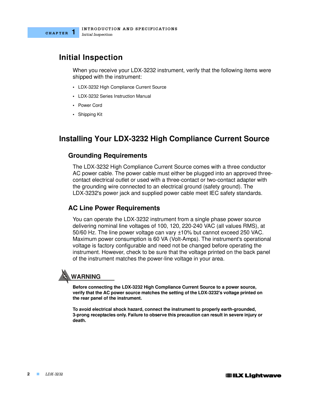 Lightwave Communications manual Initial Inspection, Installing Your LDX-3232 High Compliance Current Source 