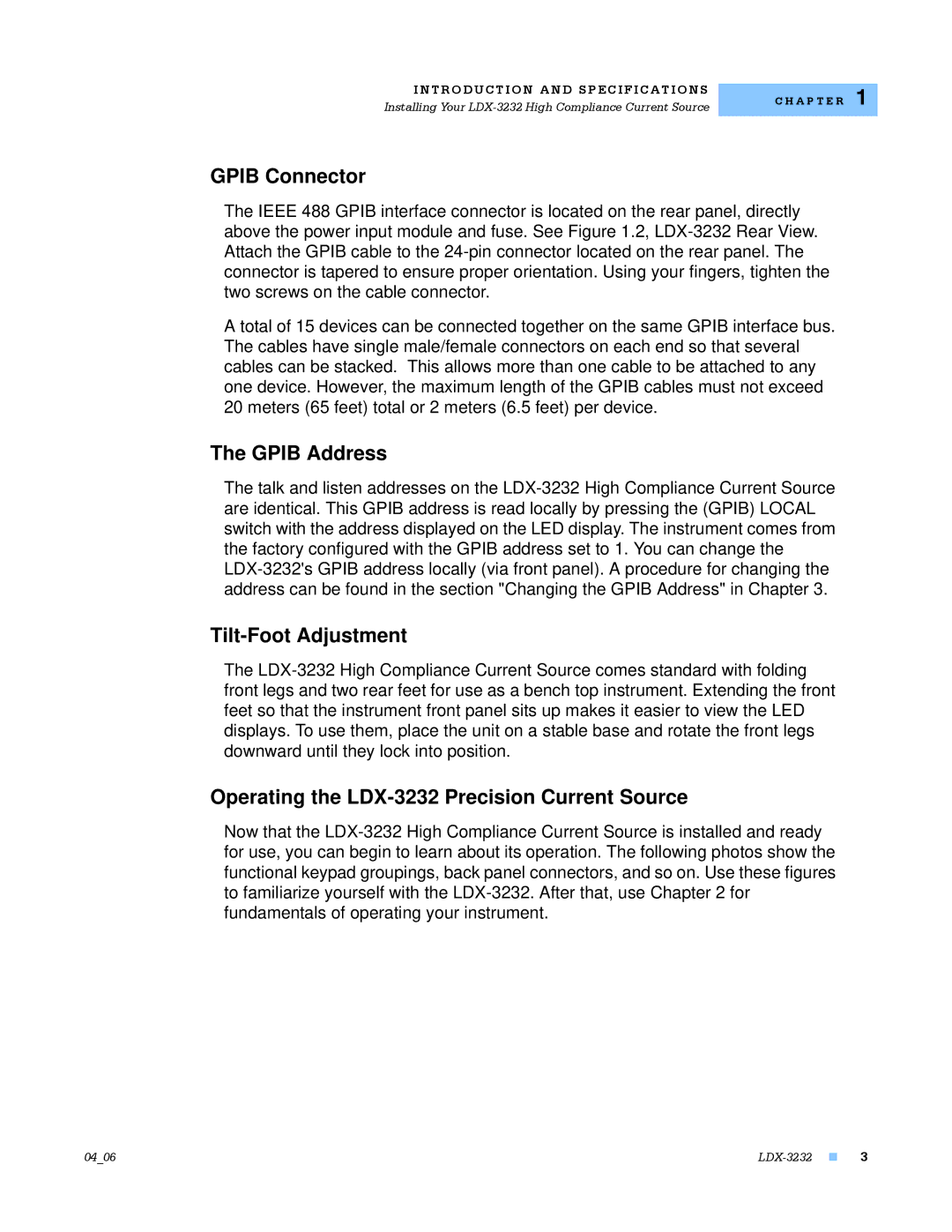 Lightwave Communications LDX-3232 manual Gpib Connector, Gpib Address, Tilt-Foot Adjustment 