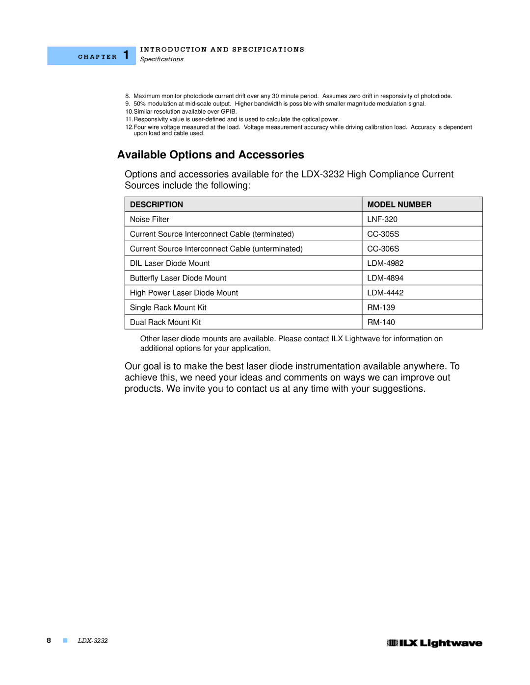 Lightwave Communications LDX-3232 manual Available Options and Accessories, Description Model Number 