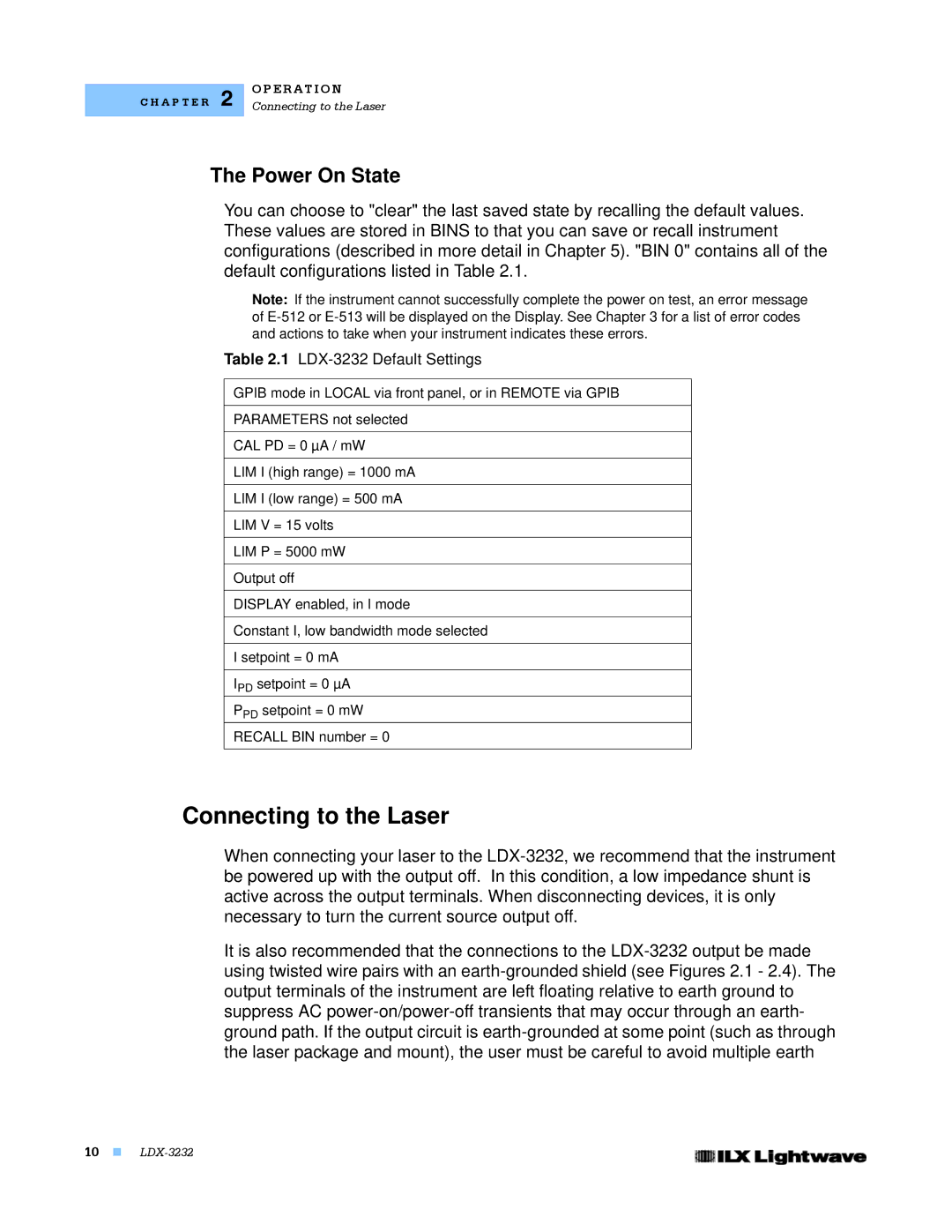 Lightwave Communications LDX-3232 manual Connecting to the Laser, Power On State 