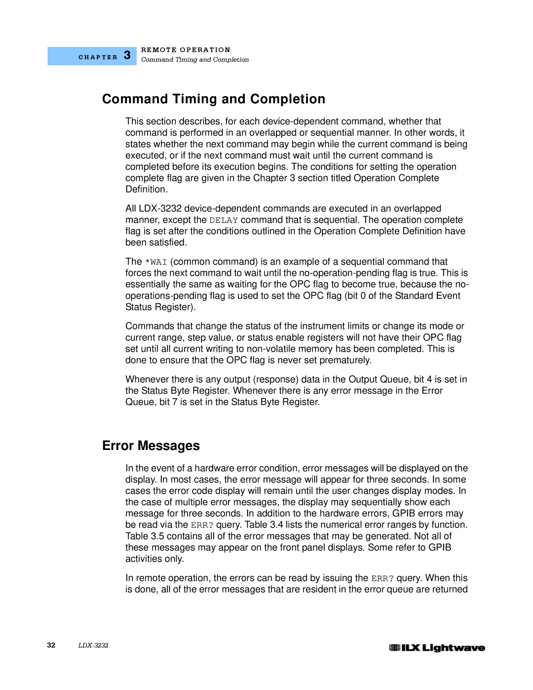 Lightwave Communications LDX-3232 manual Command Timing and Completion, Error Messages 