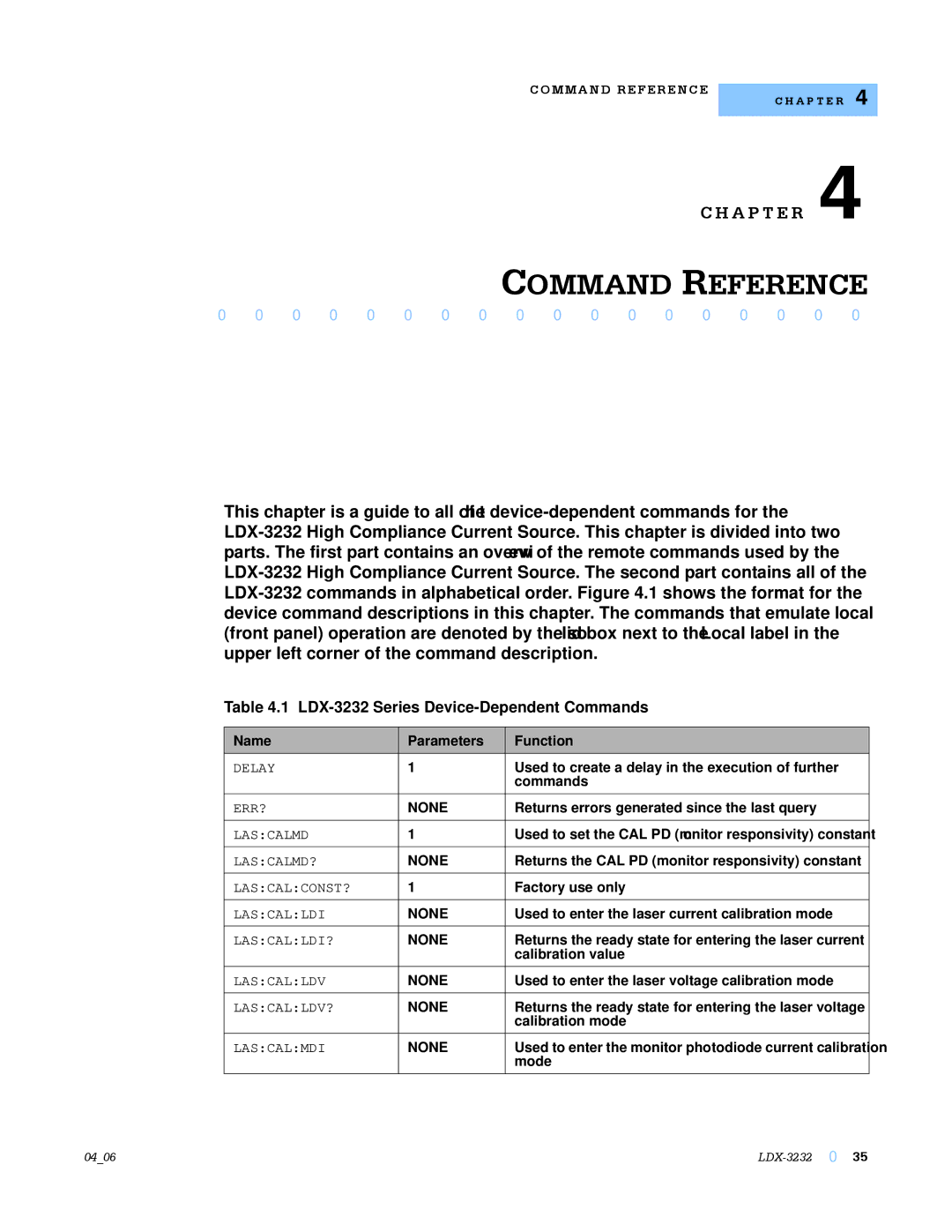 Lightwave Communications LDX-3232 manual Used to create a delay in the execution of further, Commands, Factory use only 