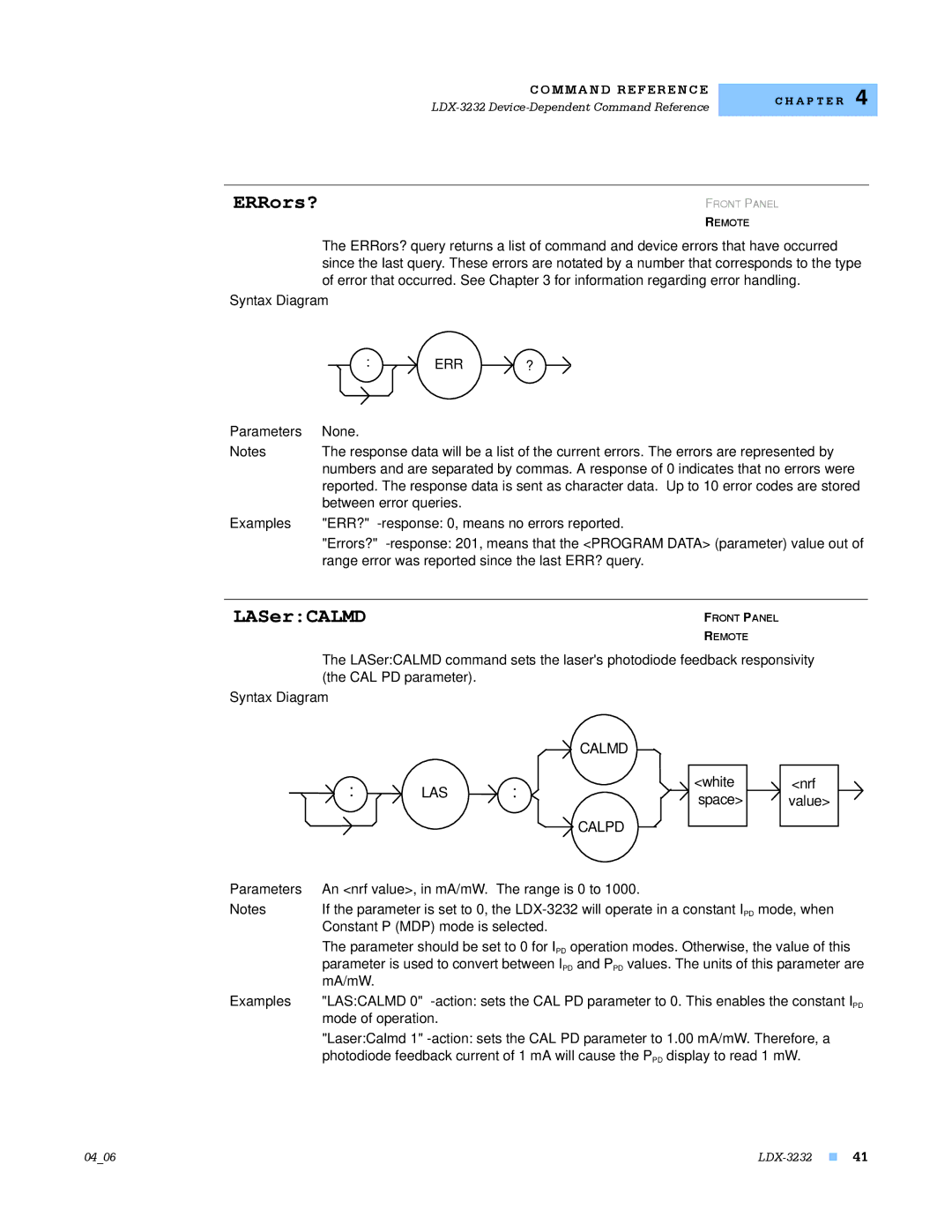 Lightwave Communications LDX-3232 manual ERRors?, LASerCALMD, Calmd LAS Calpd 