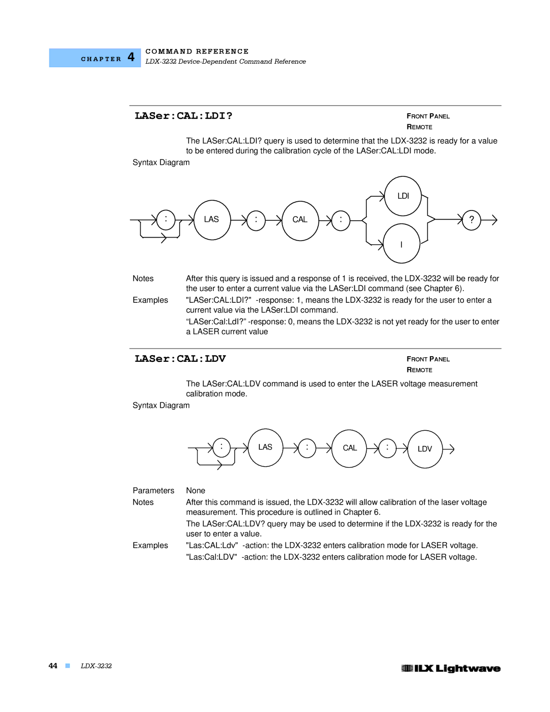 Lightwave Communications LDX-3232 manual LASerCALLDI?, LASerCALLDV, Ldi Las Cal, Las Cal Ldv 