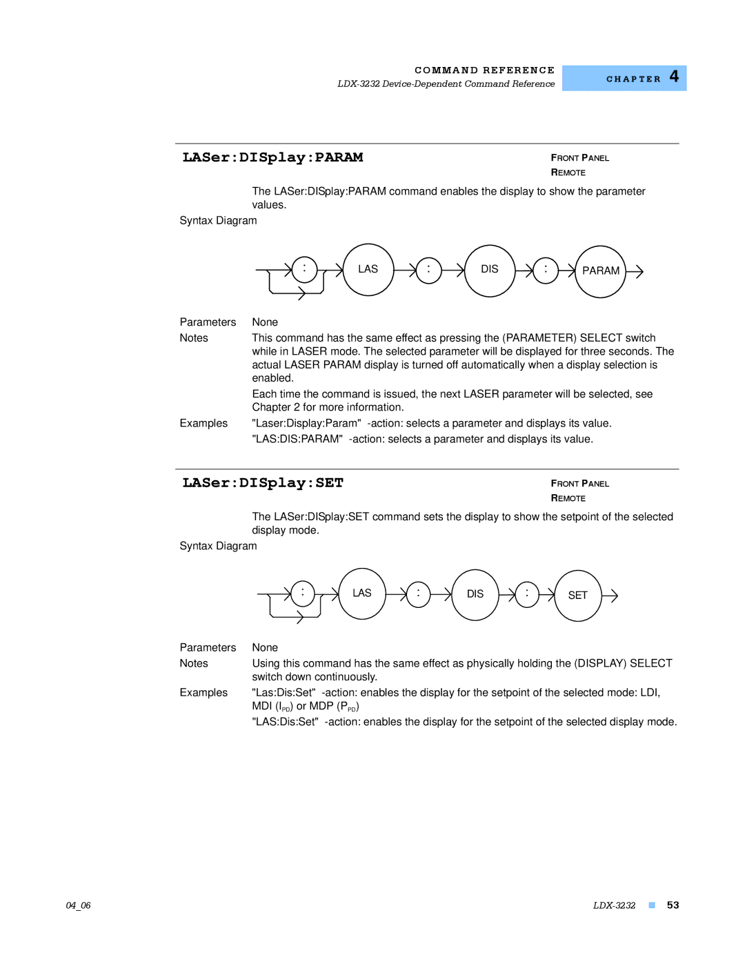 Lightwave Communications LDX-3232 manual LASerDISplayPARAM, LASerDISplaySET, LAS DIS Param, Las Dis Set 