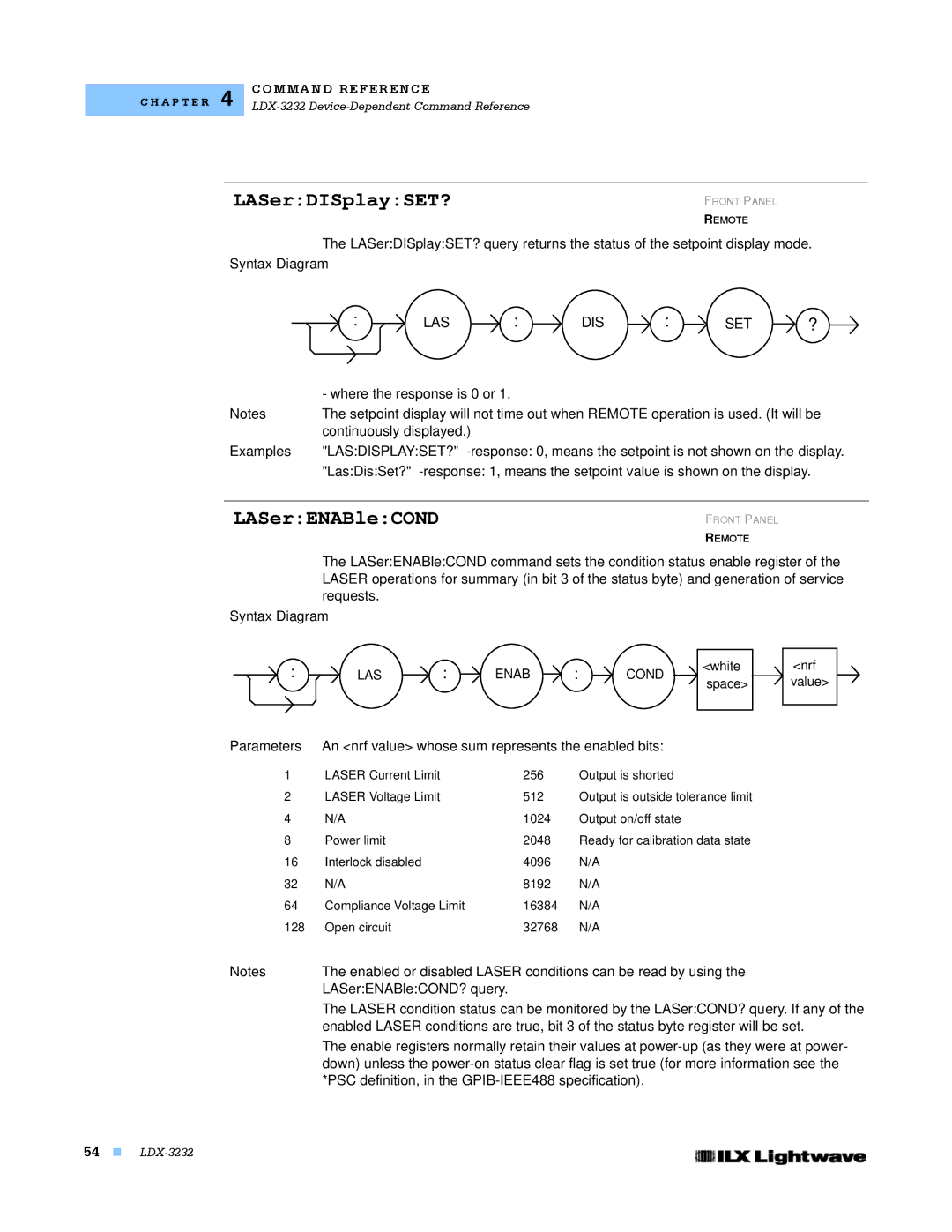 Lightwave Communications LDX-3232 manual LASerDISplaySET?, LASerENABleCOND, Lasdisplayset? 
