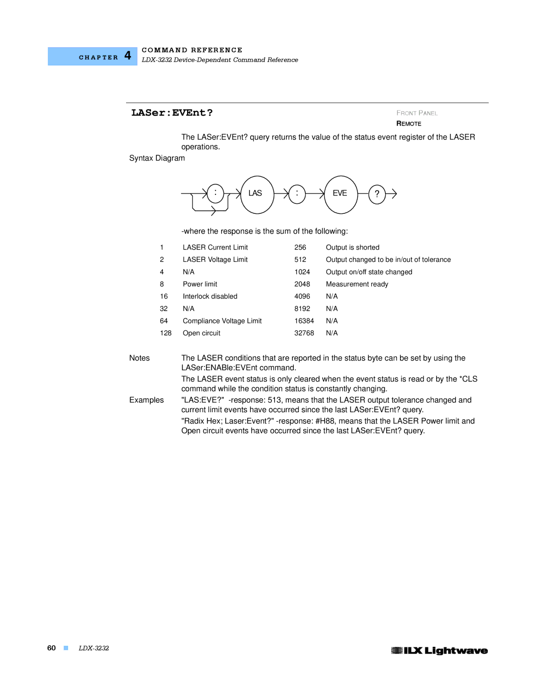 Lightwave Communications LDX-3232 manual LASerEVEnt?, Las Eve, LASerENABleEVEnt command 