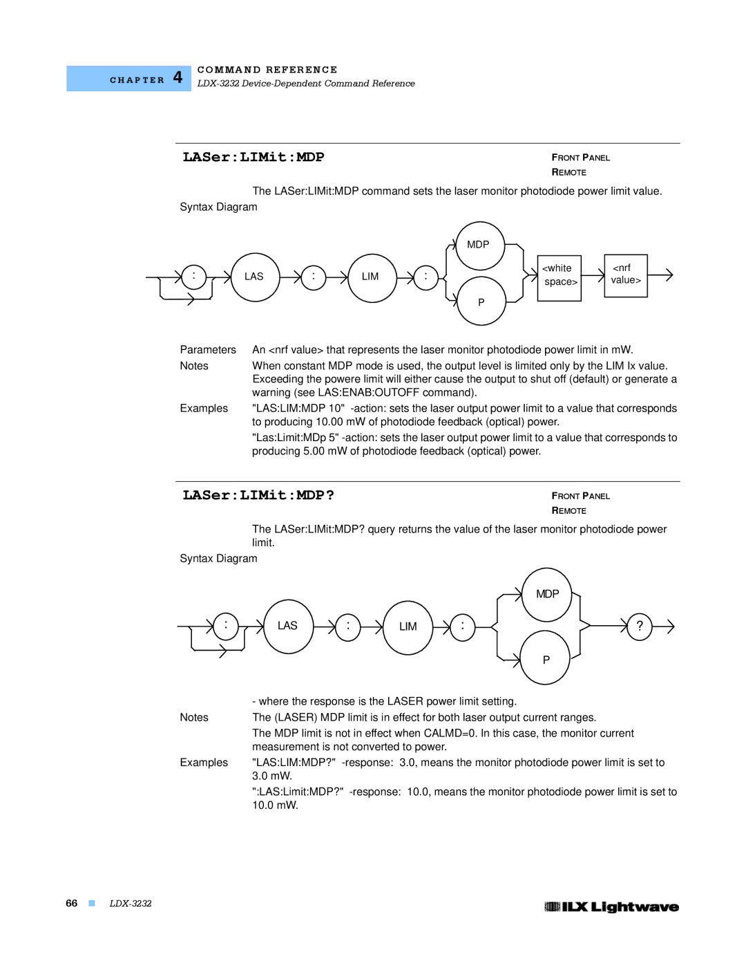 Lightwave Communications LDX-3232 manual LASerLIMitMDP?, Mdp Las Lim 