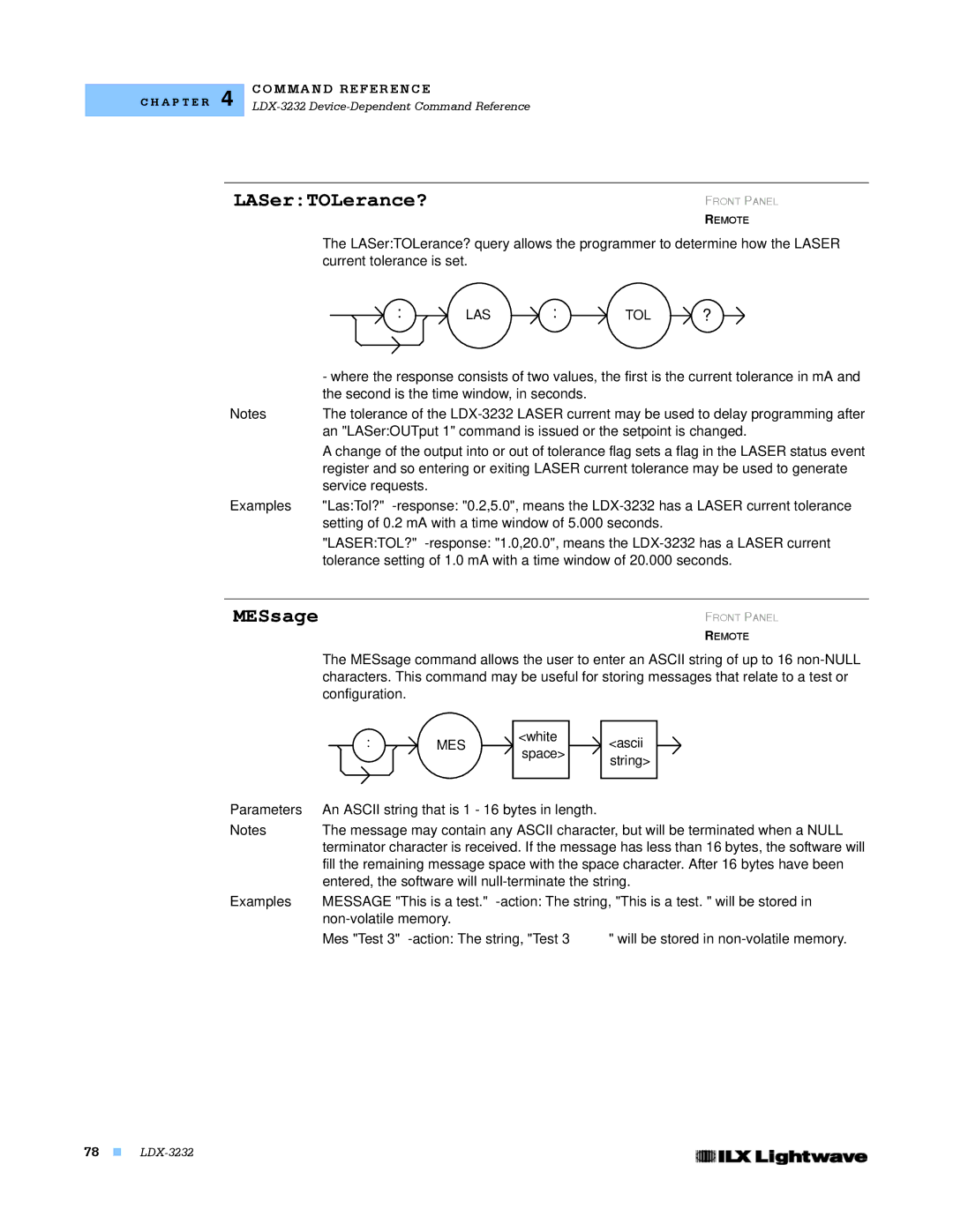 Lightwave Communications LDX-3232 manual LASerTOLerance?, MESsage, Second is the time window, in seconds, Mes 