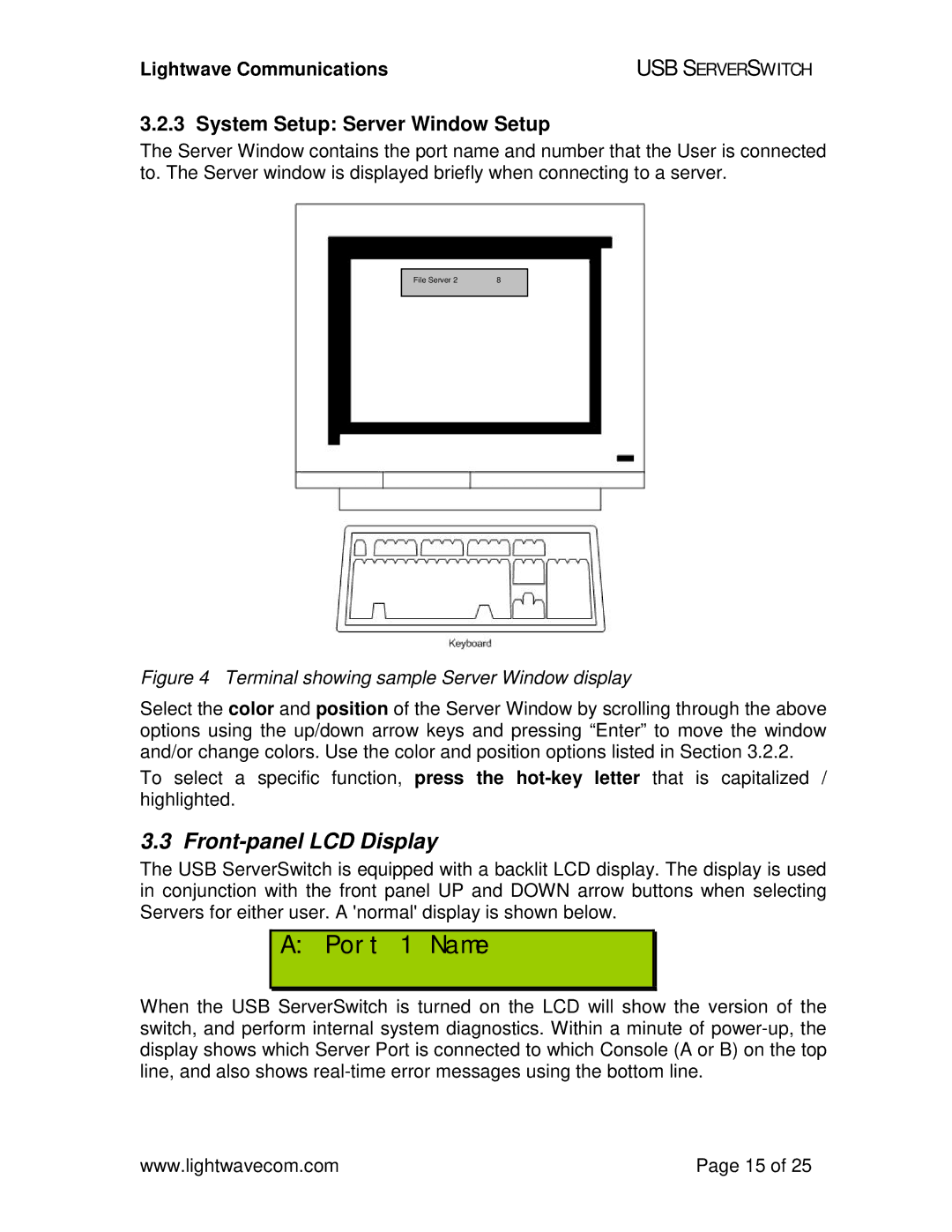 Lightwave Communications USB SuperSwitch manual Front-panel LCD Display, System Setup Server Window Setup 