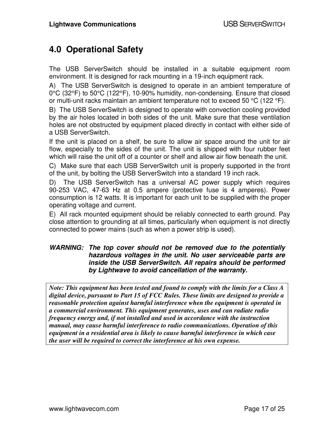 Lightwave Communications USB SuperSwitch manual Operational Safety 