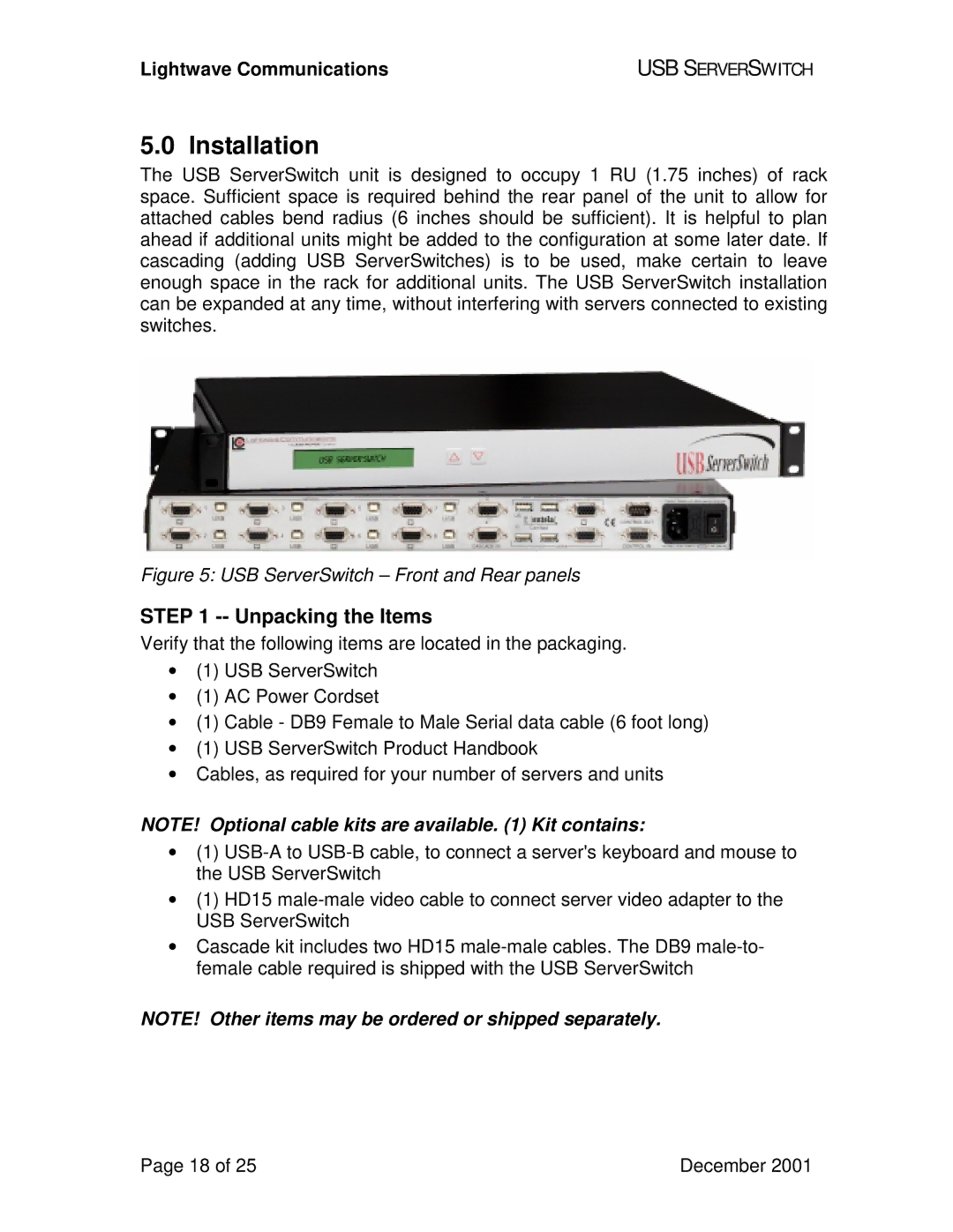 Lightwave Communications USB SuperSwitch manual Installation, Unpacking the Items 