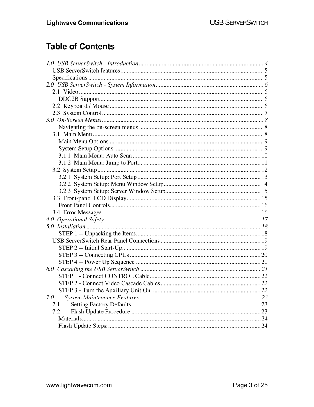 Lightwave Communications USB SuperSwitch manual Table of Contents 