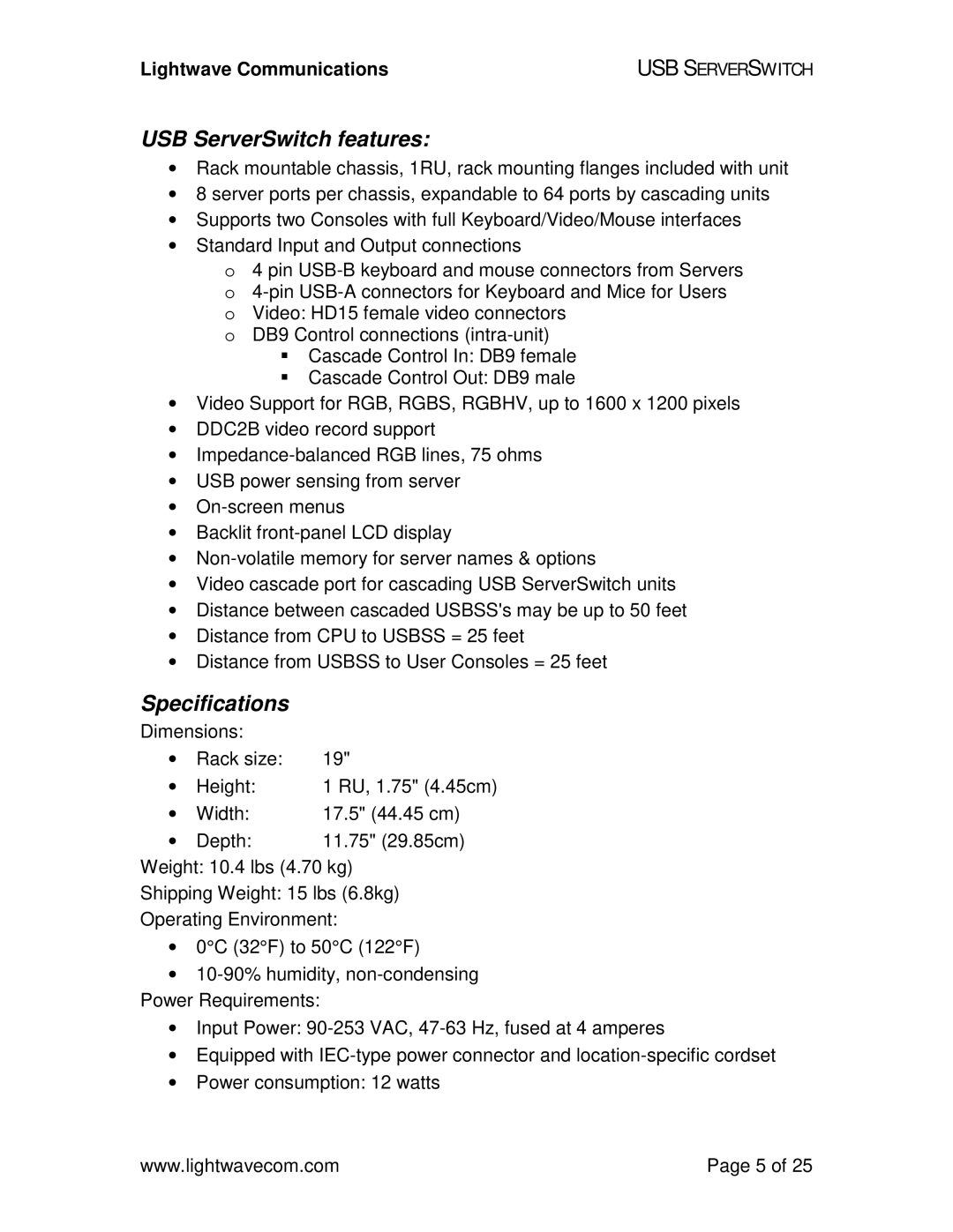 Lightwave Communications USB SuperSwitch manual USB ServerSwitch features, Specifications 