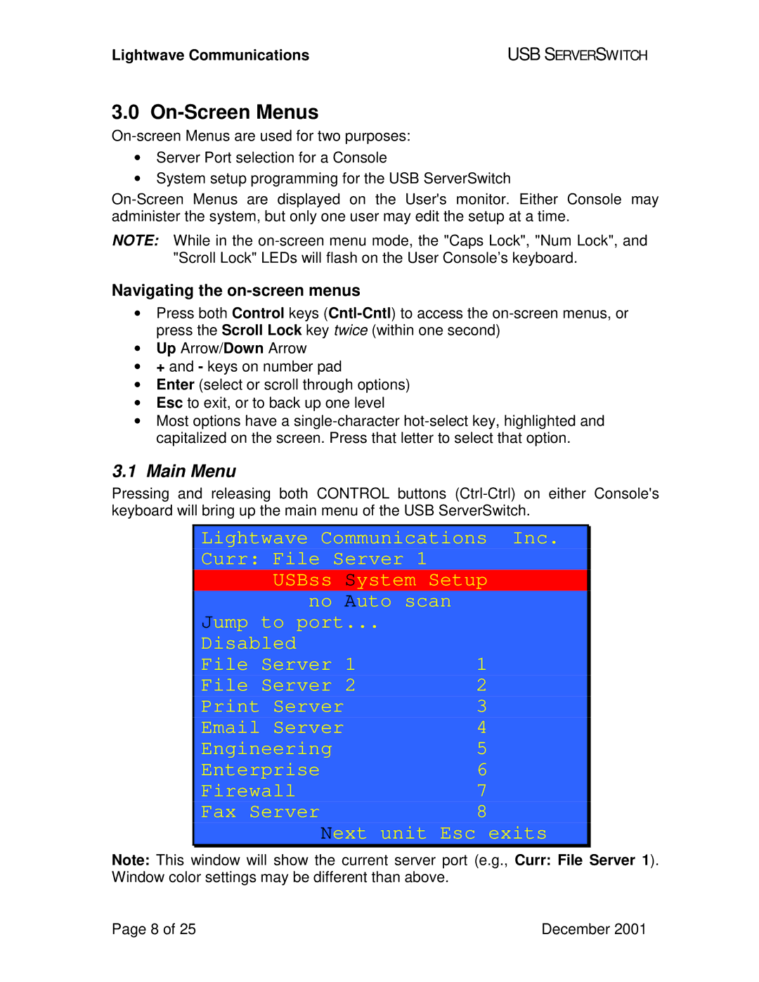 Lightwave Communications USB SuperSwitch manual On-Screen Menus, Main Menu, Navigating the on-screen menus 