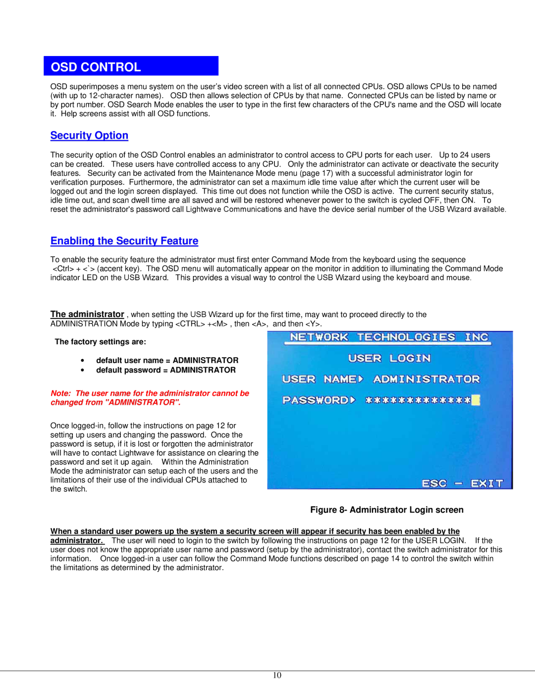 Lightwave Communications USB-Wizard manual OSD Control, Security Option, Enabling the Security Feature 