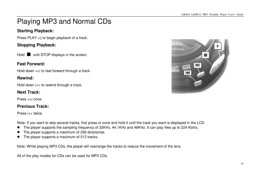 Likko LKM01 manual Playing MP3 and Normal CDs, Starting Playback, Stopping Playback, Next Track, Previous Track 