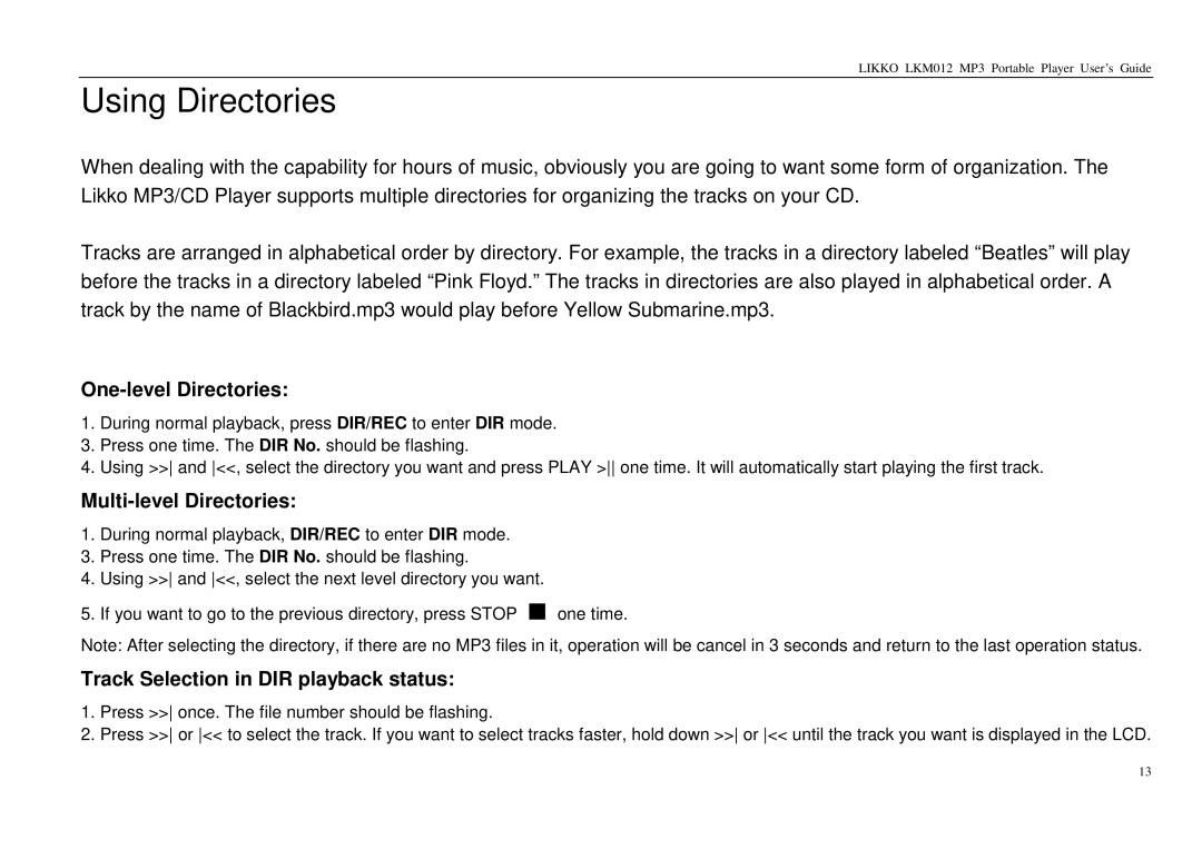 Likko LKM01 Using Directories, One-level Directories, Multi-level Directories, Track Selection in DIR playback status 