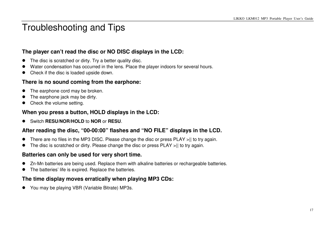 Likko LKM01 manual Troubleshooting and Tips 