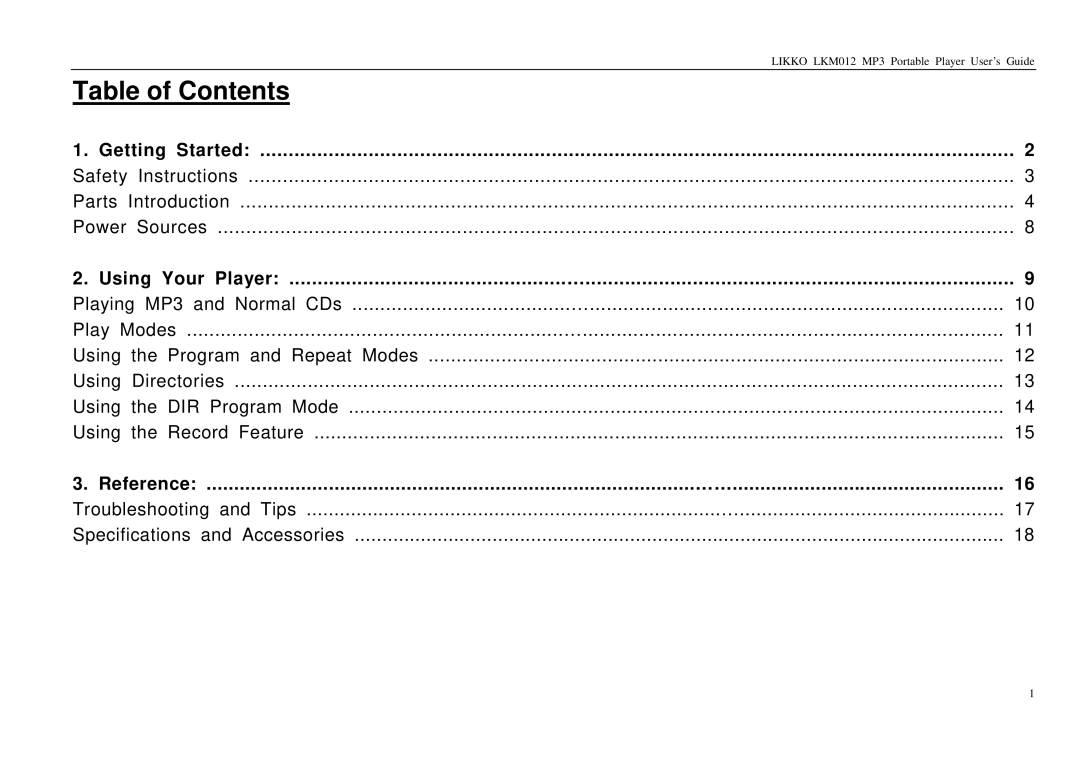 Likko LKM01 manual Table of Contents 