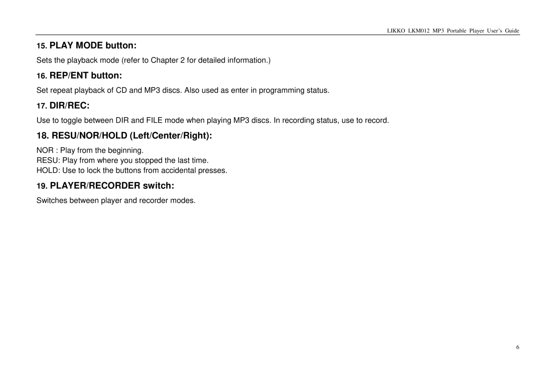 Likko LKM01 manual Play Mode button, REP/ENT button, Dir/Rec, RESU/NOR/HOLD Left/Center/Right, PLAYER/RECORDER switch 