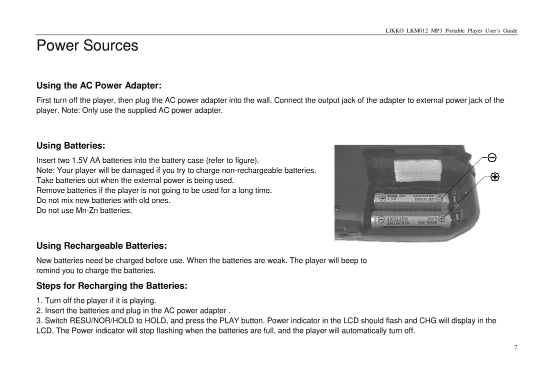 Likko LKM01 manual Power Sources, Using the AC Power Adapter, Using Batteries, Using Rechargeable Batteries 