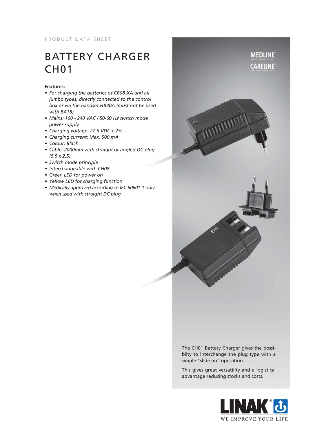 Linak 00CH01UK-00, 10CH01S-00, 00CH01EU-00, 00CH01AUS-00 manual Battery Charger, Features 